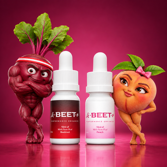 The beetroot and peach mascots with Li-BEET-o bottles on a magenta gradient