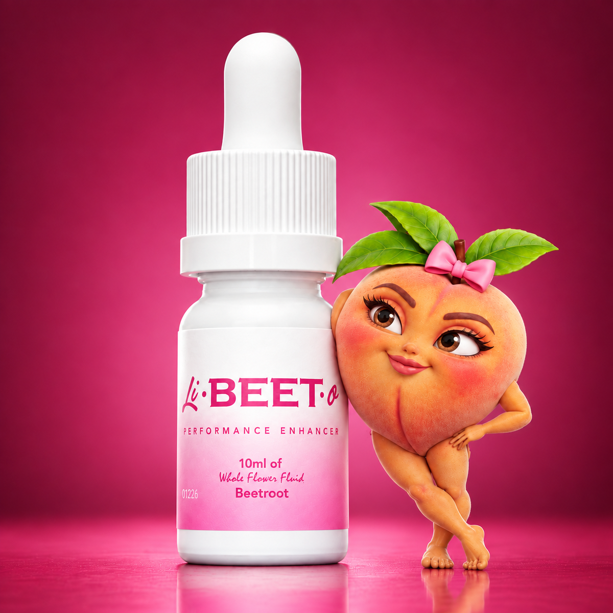 Li-BEET-o for Her bottle with the peach mascot on a magenta background
